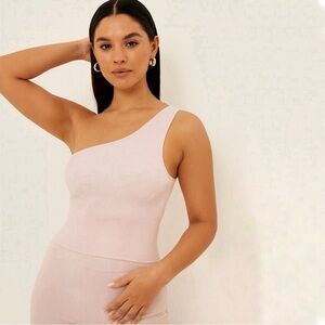 NWT Aritzia Babaton Sculpt Knit Halo Pink Rose One-Shoulder Ribbed Top S…